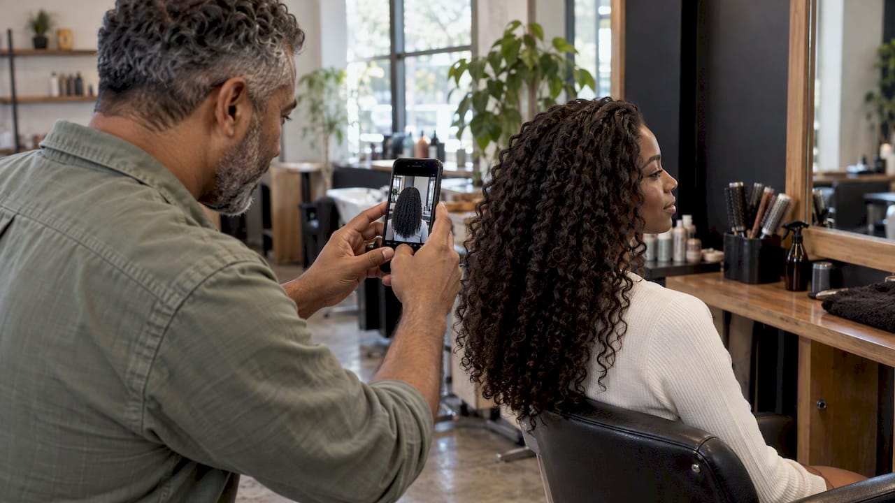 Un coiffeur prend en photo la coiffure de sa cliente